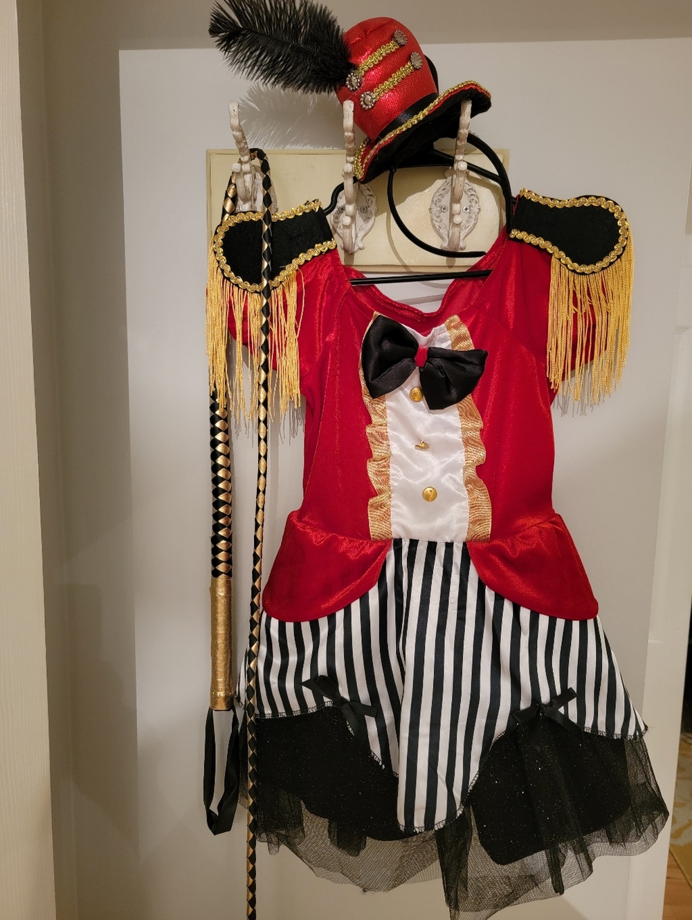 Kids Ringmaster Costume Dress with Red Jacket and Striped Skirt